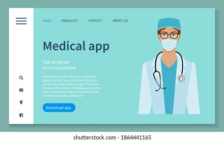 Program landing page template. Medical app for communicating with a doctor from anywhere. Website for analyzing state of health via the Internet. Female doctor with phonendoscope around her neck