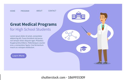 Program landing page template. Medical app for studying from anywhere. Website for learning in medical institutions. Man with pointer talks about medical programs. Professor teaches students