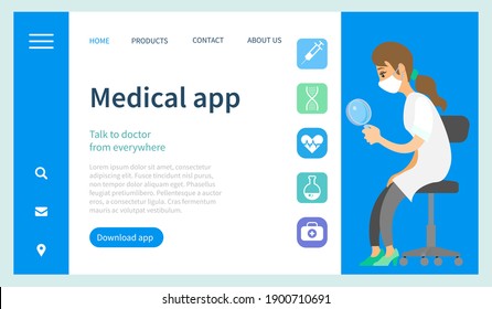Program landing page template. Medical app for communicating with a doctor from anywhere. Website for analyzing state of health via the Internet. A girl sitting with a magnifying glass in her hands