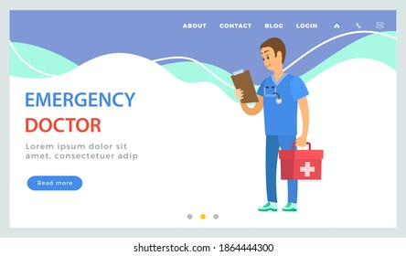 Program landing page template. Treatment via the Internet. Application for communicating with doctor. Medical clinic worker holding document and first aid kit. Emergency doctor examines patient card