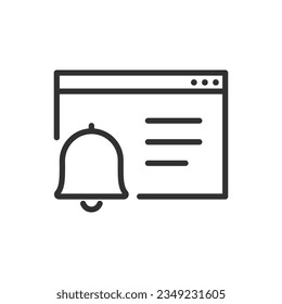 Program notifications, linear icon, program window and bell, website. Line with editable stroke