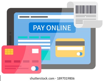 Program for online remote payment of purchases on the tablet. Debit card to pay contactless. Shopping banking on distance. Subjects to buy and order purchases. Online platform landing page template