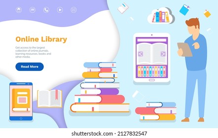 Program for reading books online. Man using electronic library in his phone. Website landing page template. Reading literature in smartphone via Internet. Smartphone app with online book storage