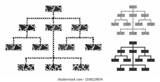 Program tree mosaic of unequal elements in various sizes and color tints, based on program tree icon. Vector inequal elements are organized into mosaic. Program tree icons collage with dotted pattern.