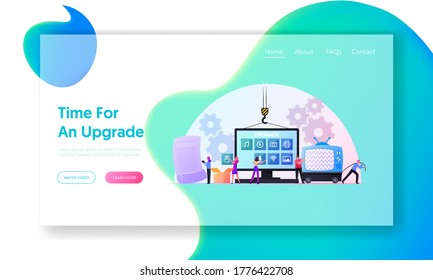 Program Upgrading Landing Page Template. Tiny Characters at Huge Computer Monitor with App Buttons Upgrade Applications and Software, Throw Old Tv on Dump. Cartoon People Vector Illustration