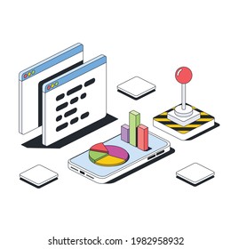 Program window, charts on smartphone screen, control panel manipulator. Vector 3d line isometric, color web icons, new flat style. Creative design idea for infographics.