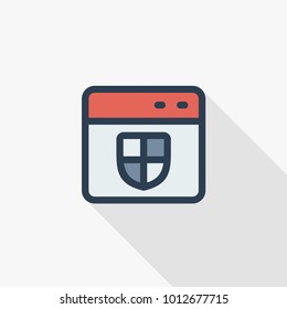 Program window icon with a protective shield thin line flat color icon. Linear vector illustration. Pictogram isolated on white background. Colorful long shadow design.