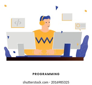 PROGRAMER - Character working on application development on computer. Vector illustration