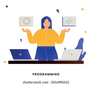 PROGRAMER - Character working on application development on computer. Vector illustration
