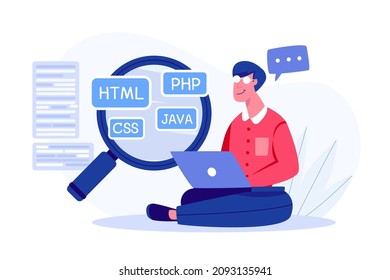 Programer Learning programming languages by computer laptop on website and tutorial channel or online education class. Vector Illustration of Software Development, Programming Languages Learning