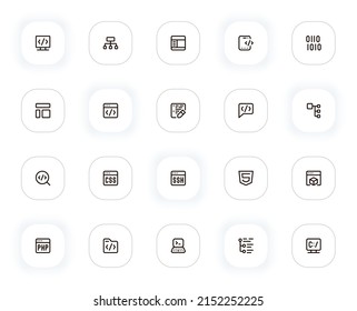 Programing and data line icons set. Development, coding, software, computer and other buttons. Vector outline pictograms for web and ui, ux mobile app design. Editable Stroke. 24x24 Pixel Perfect.