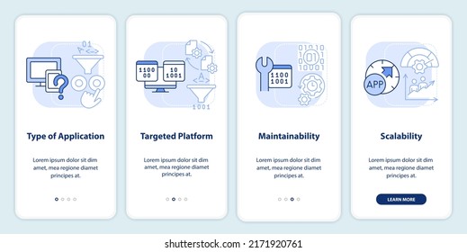 Programing language choice criteria light blue onboarding mobile app screen. Walkthrough 4 steps instructions pages with linear concepts. UI, UX, GUI template. Myriad Pro-Bold, Regular fonts used