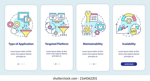 Programing language choice criteria onboarding mobile app screen. Walkthrough 4 steps graphic instructions pages with linear concepts. UI, UX, GUI template. Myriad Pro-Bold, Regular fonts used