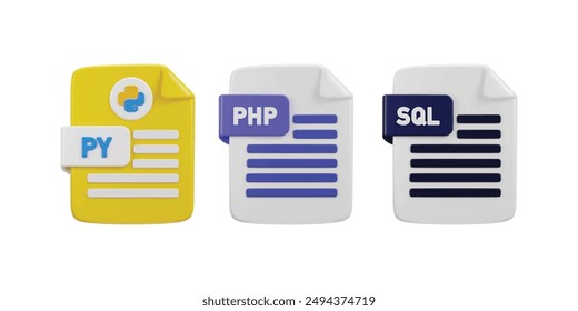 Programing language file format icon on PHP, SQL and Python icon 3d rendering vector illustration