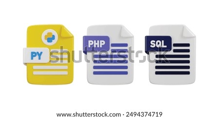 Programing language file format icon on PHP, SQL and Python icon 3d rendering vector illustration