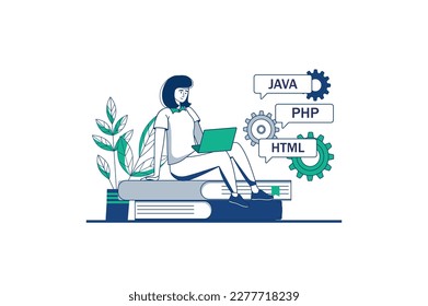 Programing software blue outline concept with people scene in the flat cartoon design. Programmer works on improving the software for her laptop. Vector illustration.