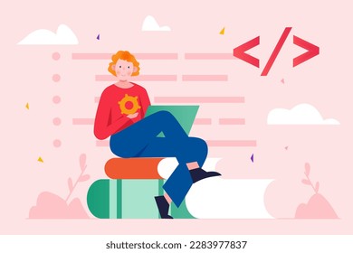 Programing software pink concept with people scene in the flat cartoon design. Programmer writes code for computer applications using a programming language. Vector illustration.