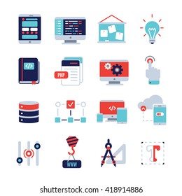 Programm development flat icon set with description of scripts web application development and cloud storage in which the digital data vector illustration