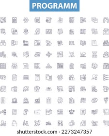 Programm line icons, signs set. Program, Programming, Software, Routine, Algorithm, Logic, Syntax, Compiler, Code outline vector illustrations.
