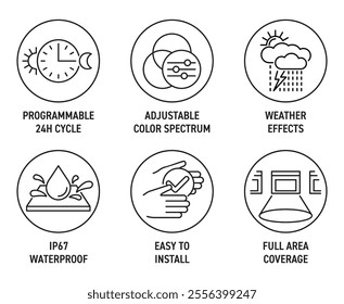 Programmable led light features icons set. IP67 waterproof, Easy to Install, Full area coverage. 24 hours cycle, Adjustable color spectrum and Weather effects. Thin line pictograms, can be used for