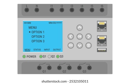 Programmierbare Logiksteuerung für die Hutschienenmontage. SPS-Steuerung für elektrische Illustrationen oder Steuerschemata