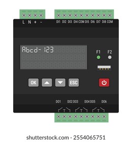 Programmable logic controller for DIN rail mount. Black PLC controller for electric illustrations or control schemas. Vector illustration, flat style. EPS10