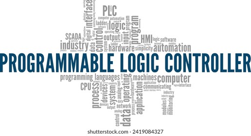 Programmierbares Logic Controller PLC Wort Cloud konzeptuelles Design einzeln auf weißem Hintergrund.