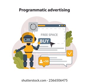 Programmatic advertising. Automated technology for media buying. Online native targeting ads marketing strategy. Procurement of targeted digital advertising. Flat vector illustration