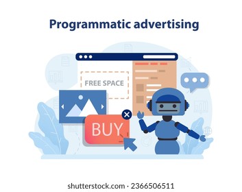 Programmatic advertising. Automated technology for media buying. Online native targeting ads marketing strategy. Procurement of targeted digital advertising. Flat vector illustration