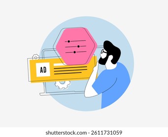 Programmatic advertising automates buying and selling of online ad space, utilizing algorithms to target specific audiences efficiently. Programmatic advertising outline line art vector illustration