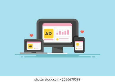 Programmatic advertising concept, Programmatic buying and selling ad space, automated ad bidding system - vector illustration background with icons