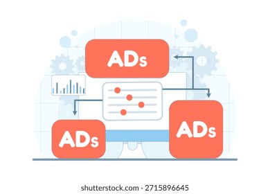 Conceito de publicidade programática com colocação de anúncios em tempo real e ferramentas de licitação. Ilustração vetorial para otimização automatizada de anúncios, compra de mídia digital, interface de usuário analítica e tecnologia de marketing.