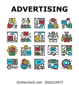 Programmatic Advertising Service Icons Set Vector. Audience Programmatic Advertising And Analytics, Optimization And Remarketing, Digital Advertise Line Pictograms. Contour Color Illustrations