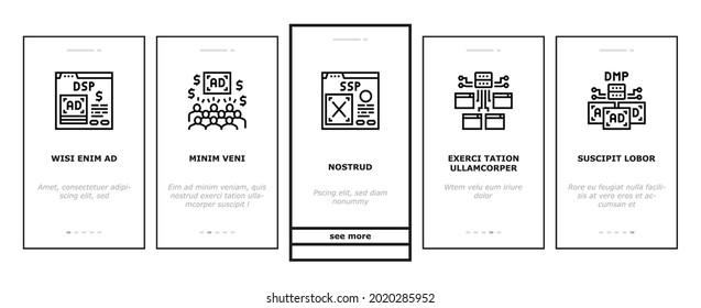 Programmatic Advertising Service Onboarding Mobile App Page Screen Vector. Audience Programmatic Advertising And Analytics, Optimization And Remarketing, Digital Advertise Illustrations
