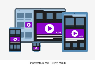 Programmatic Advertising and targeting Native marketing concept. Cross-device and multi target audience ads strategy. Laptop, Tablet PC, mobile phone and smart watch vector flat icon isolated on white