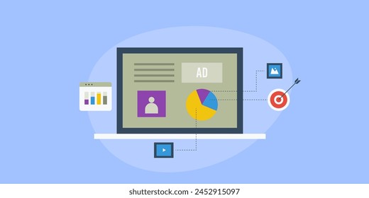 Programmatic advertising technology, Programmatic buying, creating digital ads, marketing automation, vector illustration background with icons 