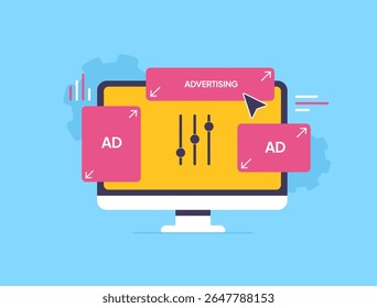 Ferramentas publicitárias programáticas para colocação de anúncios e licitação em tempo real em plataformas digitais. Interface de usuário com gráficos, controles deslizantes e interface de automação para otimização de anúncios. Ilustração de publicidade programática