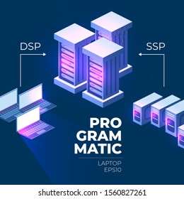 Programmatic buying and advertising ecosystem. Real time bidding technology. Dark background, isometric style. Digital ads optimization.