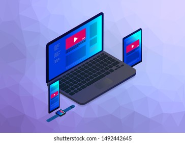Programmatic Native Advertising and targeting marketing. Cross-device and multi target audience ads strategy. Laptop, Tablet PC, mobile phone and smart watch isometric vector icon