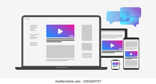 Programmatic targeting marketing and Native Advertising - Cross-device and multi target audience ads strategy. Laptop, Tablet PC, mobile phone and smart watch icon isolated on white background.