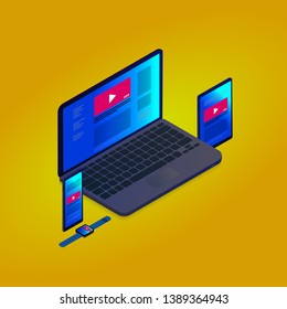 Programmatic targeting marketing and Native Advertising isometric concept - Cross-device and multi target audience ads web strategy. Laptop, Tablet PC, mobile phone and smart watch icon