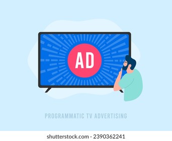 Publicidad de TV programática. Compras y ventas automatizadas de espacio publicitario en línea para televisión, optimizando el marketing de televisión de medios nativos. Ilustración del vector aislada en fondo blanco con iconos