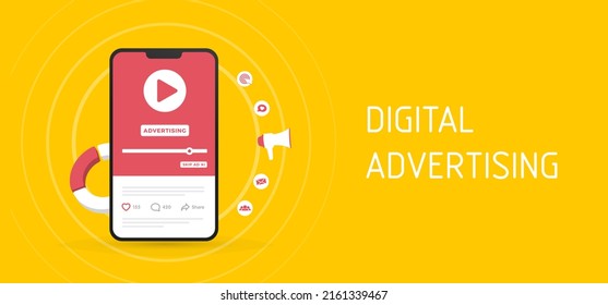 Programmatic Video Advertising vector illustration. Online native targeting ads marketing strategy. Inbound Advertising media horizontal banner concept with mobile phone and marketing icons