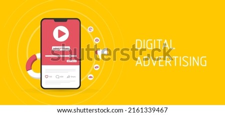 Programmatic Video Advertising vector illustration. Online native targeting ads marketing strategy. Inbound Advertising media horizontal banner concept with mobile phone and marketing icons