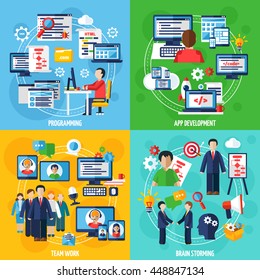 Programmer 2x2 design concept set of programming app development team work and brain storming icons compositions flat vector illustration 