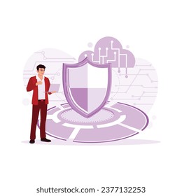IT programmer accessing business privacy cyber security data on the laptop. Cyber ​​Security Concept. trend modern vector flat illustration