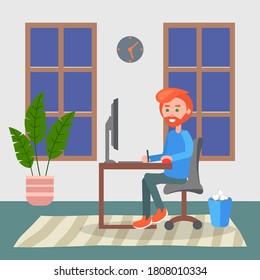Programador adulto sentado en la mesa y usando computadora. Trabajo a distancia de cuarentena. Trabajo independiente en casa. Organizar efectivamente el tiempo en casa. Hogar. Joven trabajando en línea, autónomo