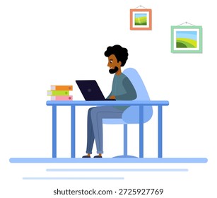 programmer.  african american young man sits at a table and works on laptop. workspace in office person working at computer. Vector illustration
