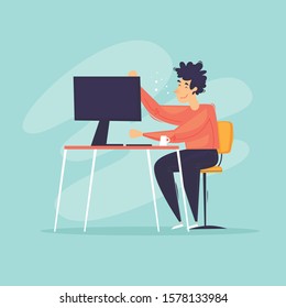 Programmer, analyst, office worker, sitting at a computer. Flat design vector illustration.