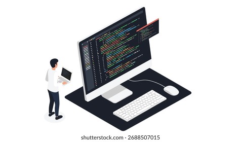 Um programador analisa um código complexo em um monitor grande apresentando um processo de desenvolvimento de software.